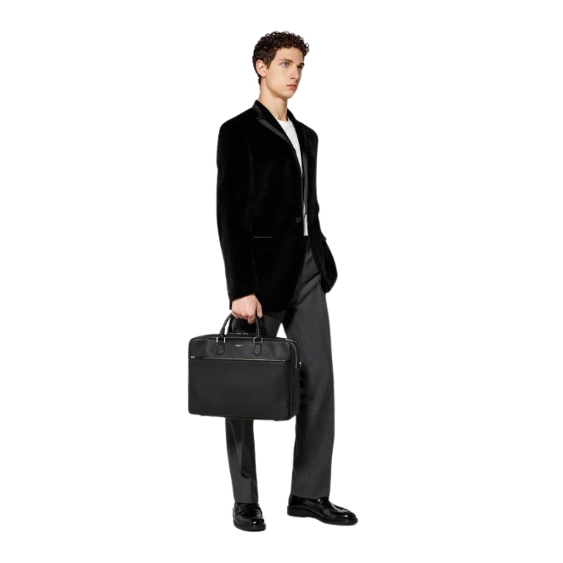 Grand Attaché-case Slim en Cuir Cachemire Noir - Serapian