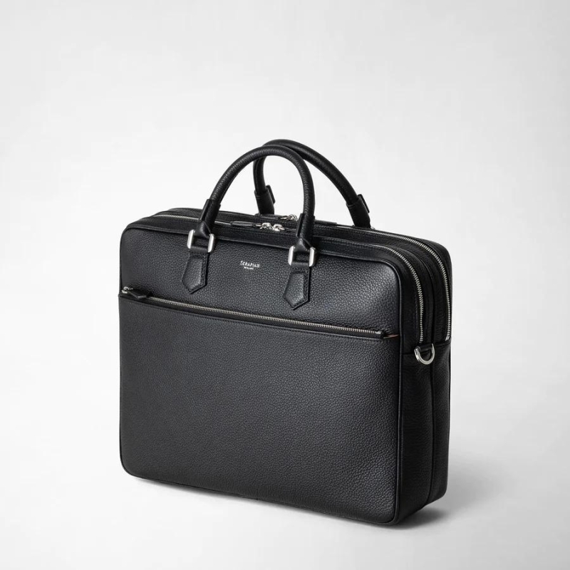 Grand Attaché-case Slim en Cuir Cachemire Noir - Serapian