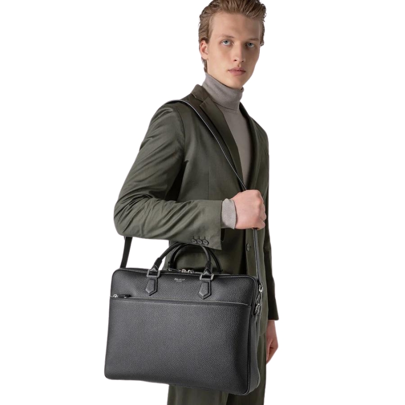 Grand Attaché-case Slim en Cuir Cachemire Noir - Serapian