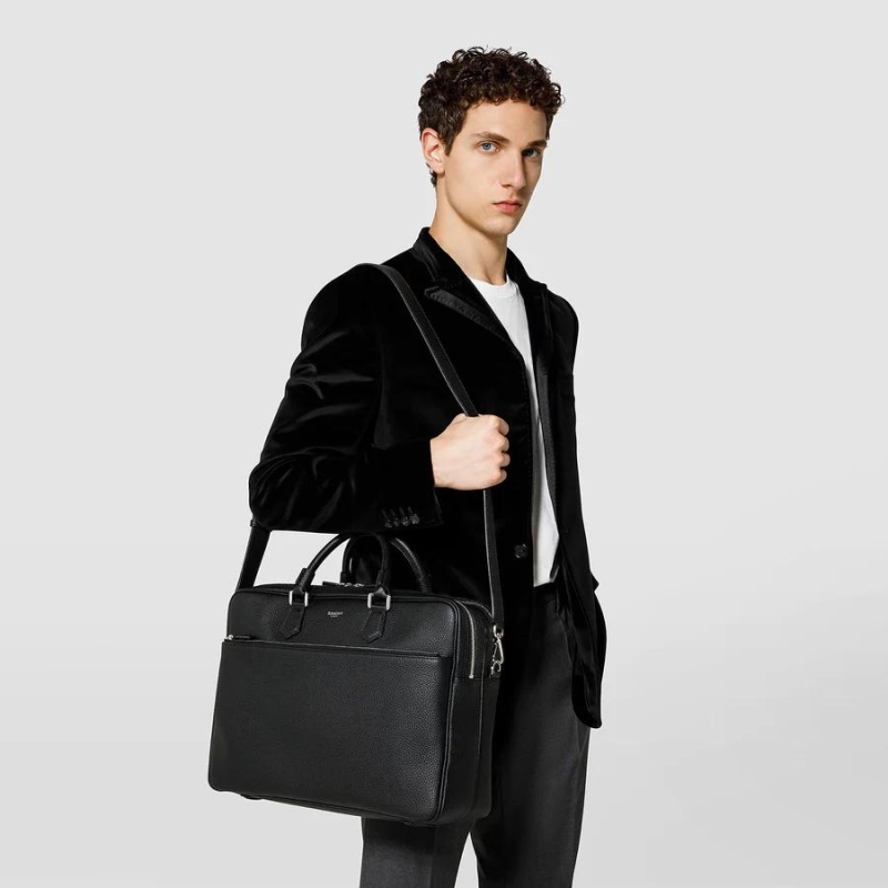 Grand Attaché-case Slim en Cuir Cachemire Noir - Serapian